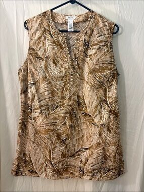liz & co. Brown and Cream Beaded V-Neck Sleeveless Top